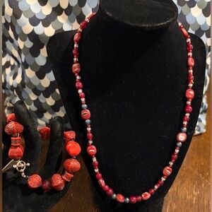 Elegant Red Beaded Necklace and Bracelet Set